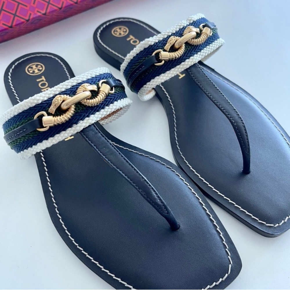 TORY BURCH Jessa Thong Sandal Navy / Green / Gold Size 8 Brand NEW
